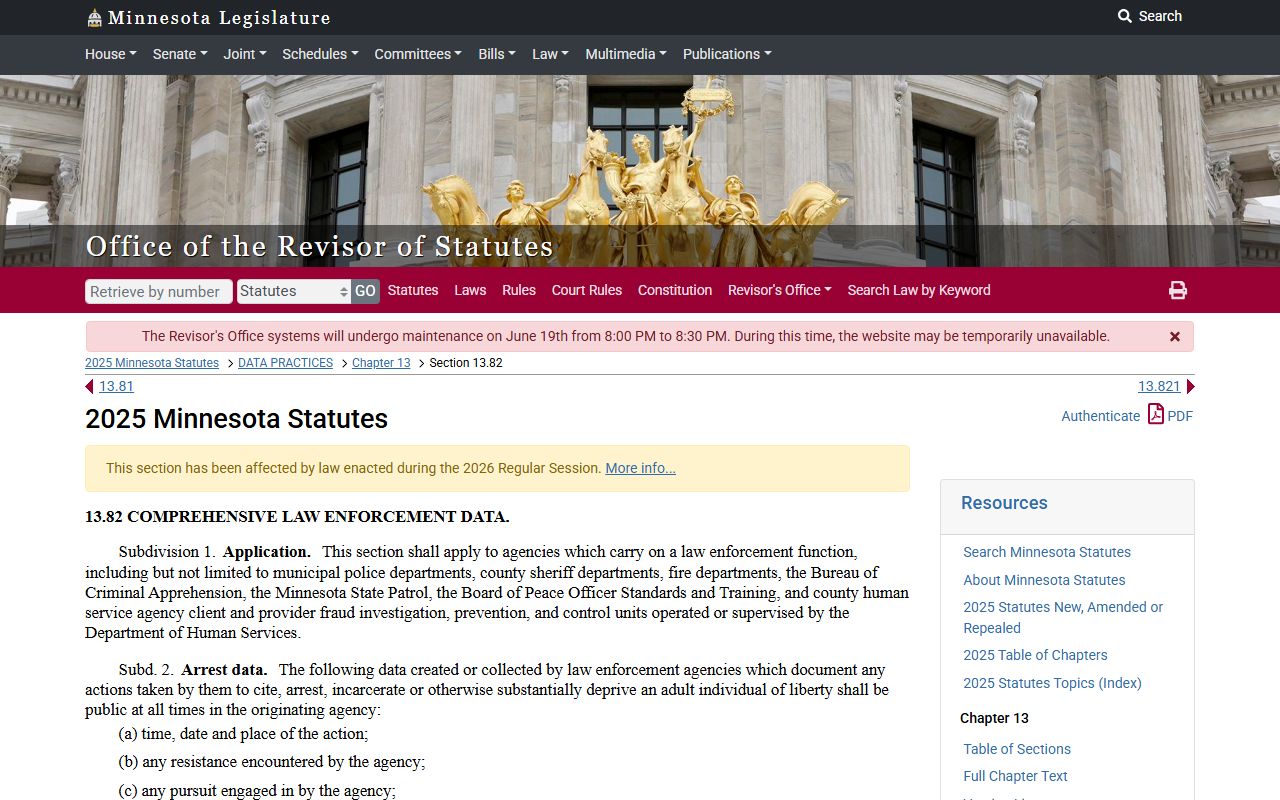 Minnesota law enforcement data statute page for section 13.82
